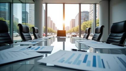 Interview panel, Bright boardroom with street view a circular meeting table with materials photorealistic.