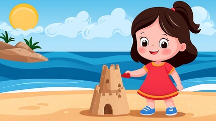 Naklejka premium Happy Child Building Sandcastle on Sunny Beach with Ocean View