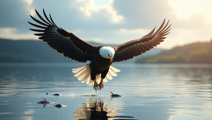 Fototapeta premium An eagle with a white head and brown wings takes off over the water. In the distance, wooded hills and a blue sky with clouds are visible.