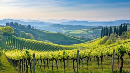 Fototapeta premium Springtime at a scenic vineyard with lush rows of green vines and distant mountains in the background