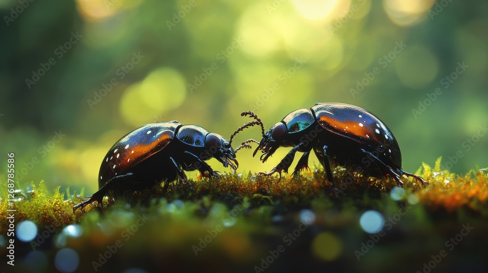 Poster beetles explore a vibrant patch of moss under soft natural light in a lush forest setting