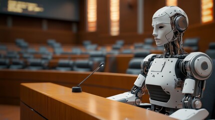 Fototapeta premium Futuristic Courtroom Scene with Robot and Human Judge Interaction