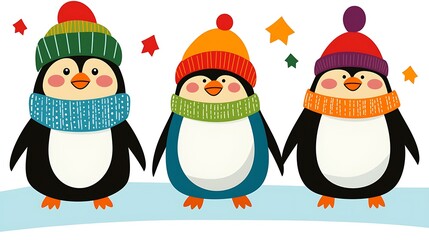 Fototapeta premium Colorful Penguins in Winter Hats and Scarves Smiling Cheerfully