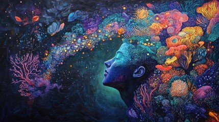 Mystical portrayal of a man's profile merged with vibrant underwater life and cosmic elements in an imaginative setting