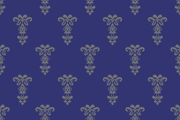 Gold Elegant Ornamental Damask Pattern with Floral Motifs on Blue Background,.Vector Illustration for Elegant Textile design for wrapping,dress, silk, scarf, background, textile, carpet.