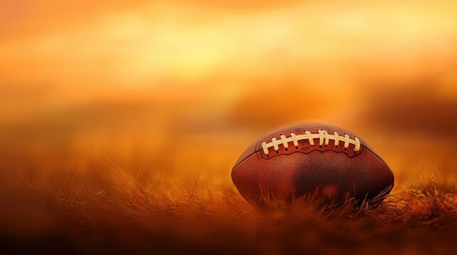 American football on grass against a sunset background, perfect for sports, games, and outdoor activities theme imagery.