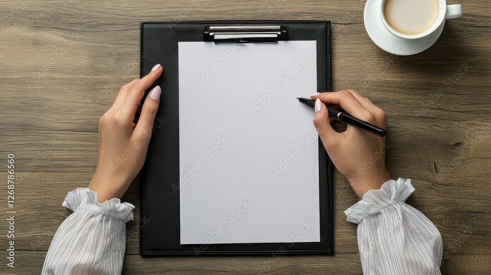 Aufkleber Hands prepare to write on blank paper with coffee nearby in a minimalist workspace setting