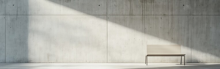 Fototapeta premium Minimalist concrete wall with natural light casting shadows on a simple bench in a serene space