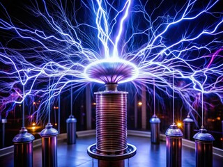 Aerial View: Tesla Coil Electrical Discharge - 4K Close-up
