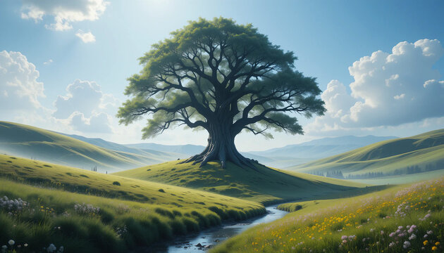 Dreamy Meadow with an Ancient Enchanted Tree