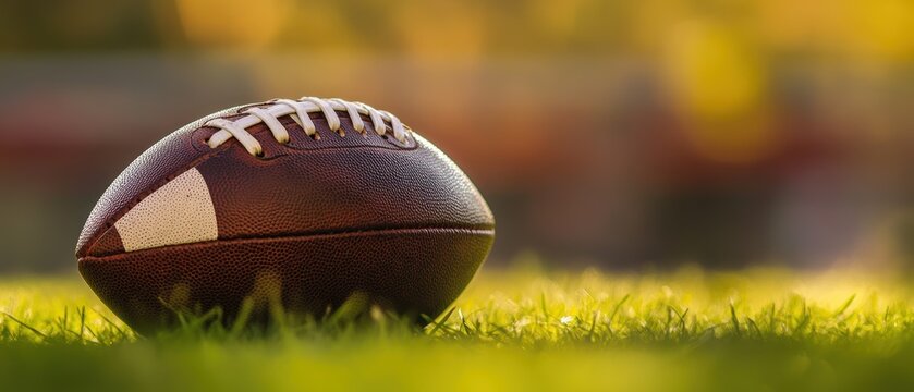 American football on grass field with sunset background, sport equipment for games and outdoor activities, perfect for sports-themed projects and marketing