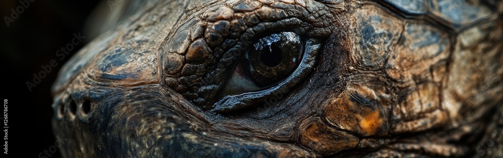 Poster Close-up view of a tortoise revealing intricate textures and patterns on its face and eye in a natural habitat setting