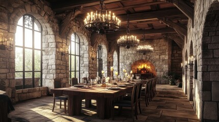 Medieval-inspired dining room with stone walls and long wooden table adorned with candles and wrought iron chandeliers