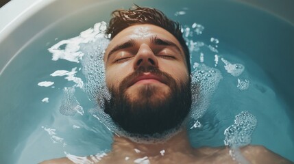 A young man enjoys a moment of relaxation in a calming bathtub filled with clear water. The gentle bubbles create a soothing atmosphere as he unwinds and rejuvenates