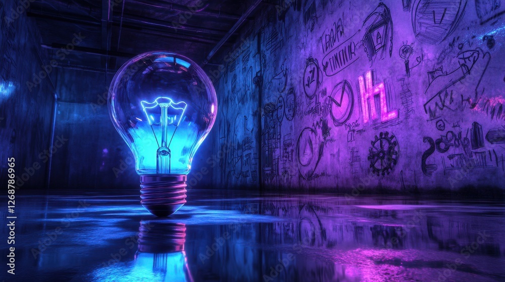 Poster luminous blue light bulb shines in an urban space with colorful graffiti and reflections on a wet su