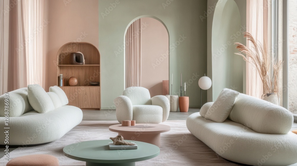 Poster living room adorned with soft pastel tones and modern furniture, creating a serene and inviting atmo