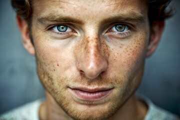 Obraz premium Young man with freckles and striking blue eyes unique facial features