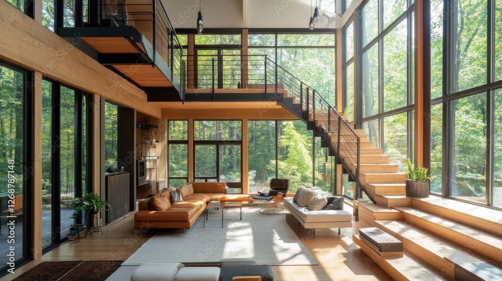 Poster Split-level loft-style apartment featuring large windows and natural light in a tranquil wooded setting