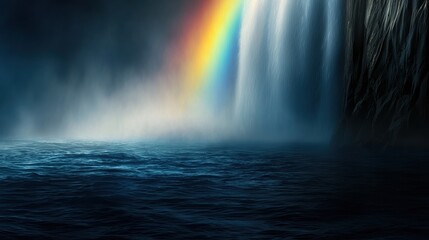 A waterfall cascading down a cliff face, with a vibrant rainbow visible in the mist.