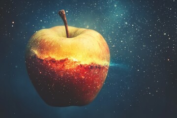 An ethereal apple floating in space, with a cosmic landscape of stars and galaxies visible inside.