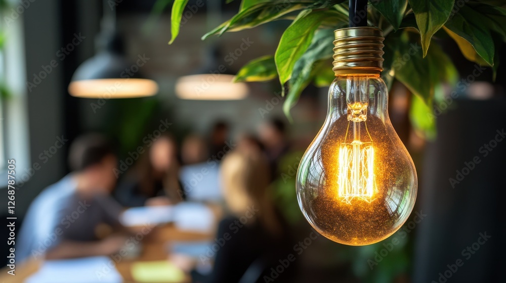 Aufkleber glowing light bulb illuminating a modern workspace with visible filaments and blurred people in the 