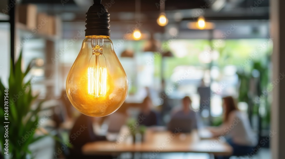 Poster glowing light bulb illuminates a modern workspace filled with engaged individuals during a productiv