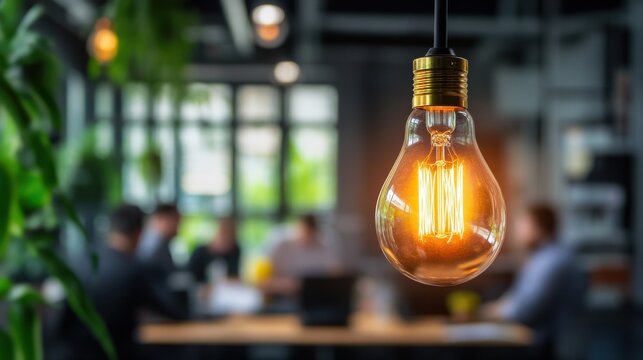 Glowing light bulb illuminating a contemporary workspace with visible filaments during a collaborative session