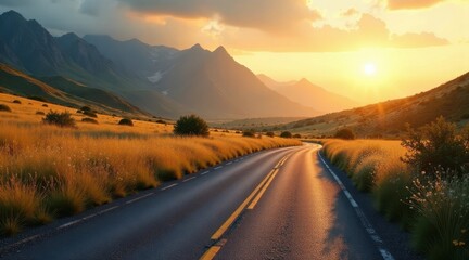 Fototapeta premium Golden Hour Road Trip Winding Asphalt Through Sunlit Meadows and Majestic Mountains