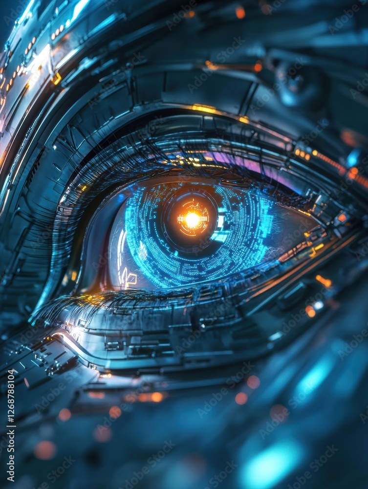 Aufkleber Robotic eye illuminated with soft glow, surrounded by intricate futuristic circuits and advanced technology patterns. Generative AI