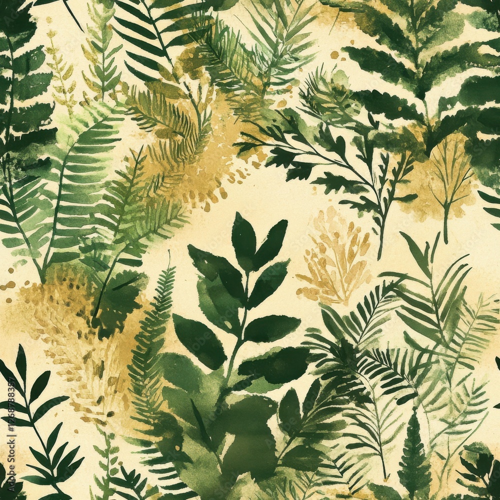 Leinwandbilder dynamic watercolor doodle featuring an array of lush green ferns and leaves in an artistic compositi