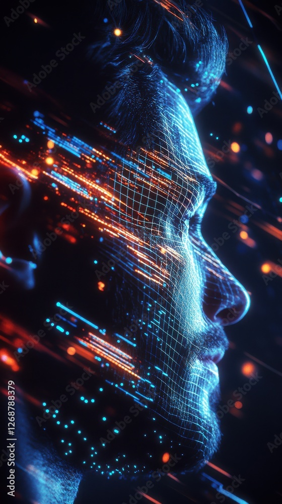 Aufkleber dynamic digital portrayal of a man’s profile showcasing futuristic elements and vibrant colors in a 