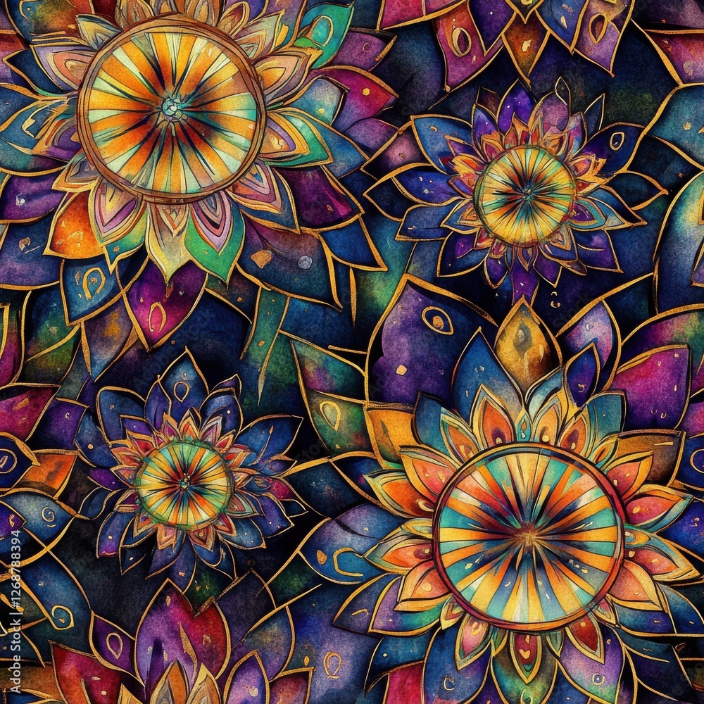 Poster colorful dynamic watercolor doodle of abstract flowers and mandalas creating a vibrant pattern