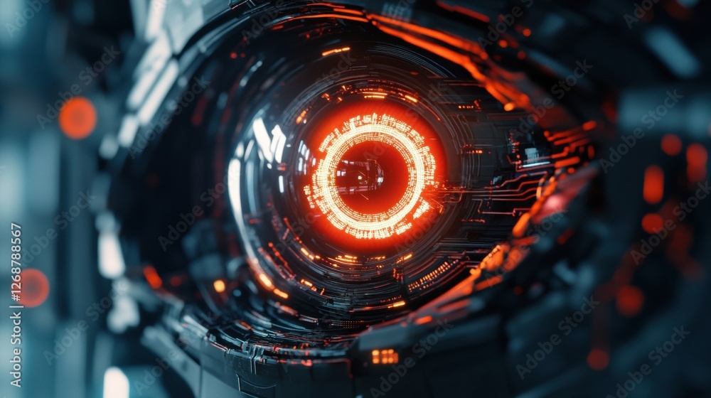Leinwandbilder close up of a glowing robotic eye surrounded by intricate futuristic circuits and technology details