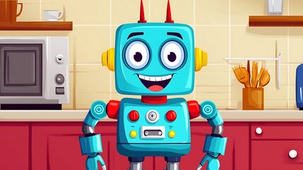 Friendly Cartoon Robot Smiling in a Colorful Kitchen Setting