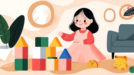 Young Girl Playing with Colorful Blocks in a Bright Room