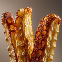 Close-Up on Delectably Textured, Airy Crisps: The detailed surface of these light and crispy treats reveals a network of bubbles and golden edges, inviting a closer look at their tempting texture.
