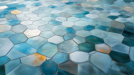 Fototapeta premium A close-up view of a hexagonal tile surface showcasing a mix of blue hues and textures, ideal for interior design projects, contemporary art, or stylish home decor inspirations.