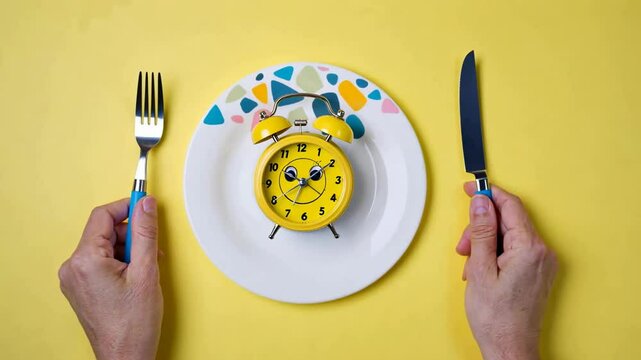 a yellow alarm clock placed on a white plate with a colored pattern around the edge. The plate stands on a yellow background. The hands are holding a knife and fork, as if they are going to eat.