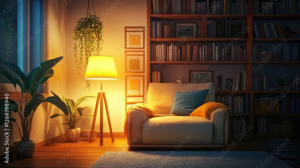 Aufkleber cozy reading nook with a warm floor lamp and bookshelf in a serene evening setting