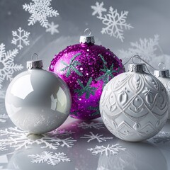 An Elegant Ensemble of Christmas Baubles: A collection of four festive ornaments, featuring stripes, intricate designs, and shimmering textures in a cool-toned palette.