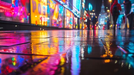 Colorful Neon City Street at Night with Vibrant Reflections