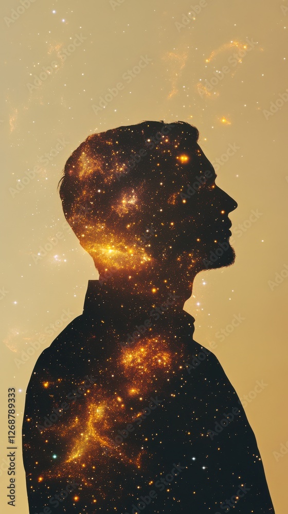 Aufkleber man glowing with cosmic energy against a golden background in a thoughtful pose