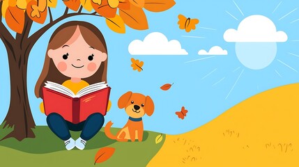 Obraz premium Child Reading a Book with Dog in Autumn Scene Under Blue Sky