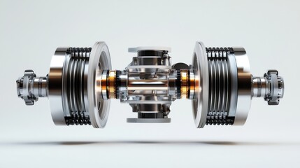 Exploded view of a complex metallic mechanism with gears, shafts, and couplings.