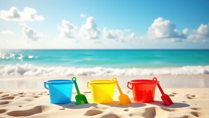 Kids helping shovel, Beach scene clear sky colorful buckets toy shovels on sand photorealistic.