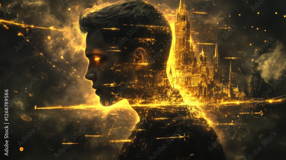 Poster man glowing with mystical energy alongside a luminous castle in a dramatic cosmic background during 
