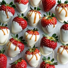 A Decadent Grid of White Chocolate-Dipped Strawberries with Caramel Drizzle: Rows of vibrant red strawberries, partially coated in smooth white chocolate and adorned with delicate caramel swirls.