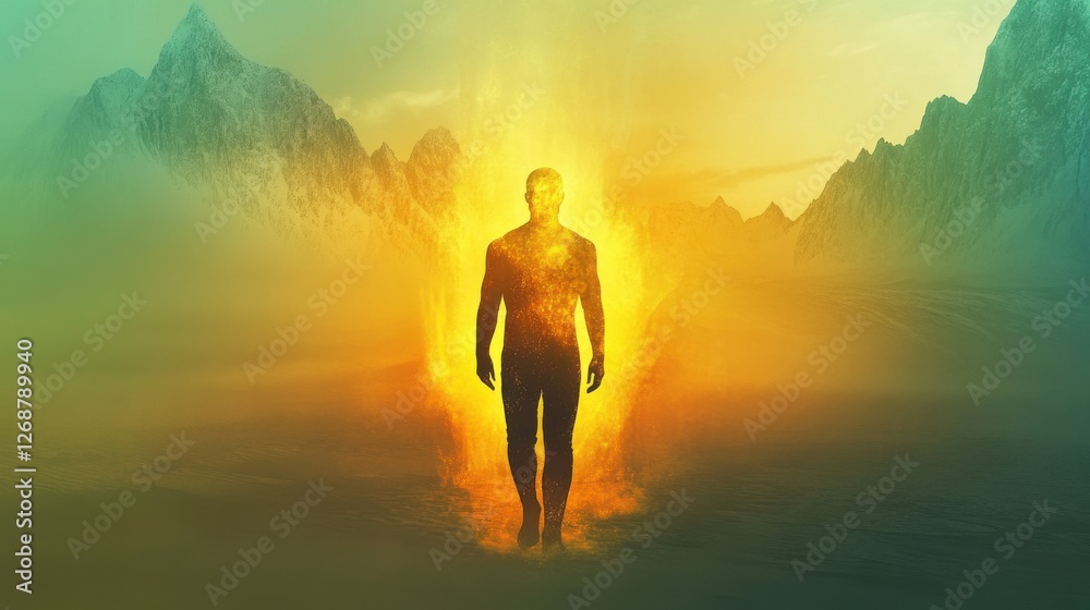 Poster man radiating light in a mystical landscape with mountains at dusk showcasing energy and transformat