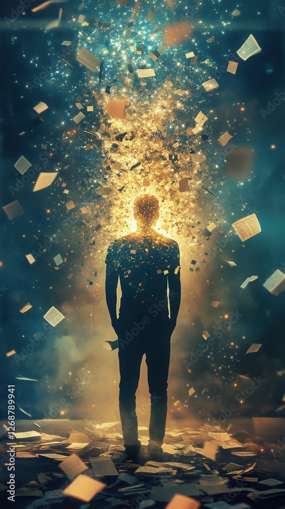 Leinwandbilder man glowing with energy in a surreal environment filled with floating debris and bright light at twi