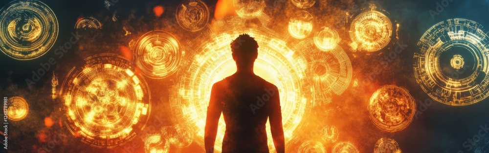 Leinwandbilder man radiates light in a surreal, cosmic environment filled with glowing circles and symbols during a